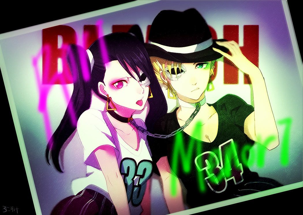 2girls, arrancar, black_hair, black_shirt, bleach, blonde_hair, breasts, chains
