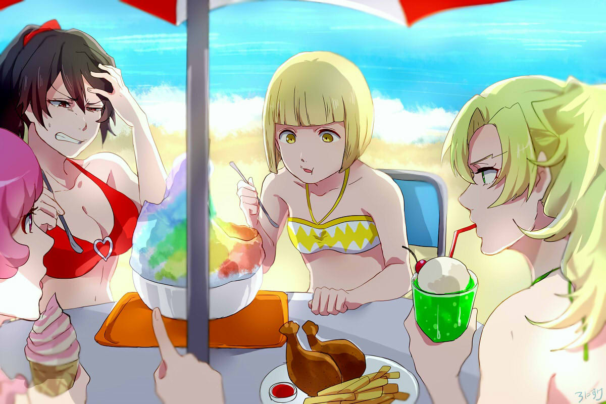 4girls, bambietta_basterbine, beach, beach_umbrella, bikini, black_hair, bleach, blonde_hair, bowl, breasts, candice_catnipp, chicken_(food), cleavage, drinking, drinking_straw, eating, flat_chest, food, ice_cream, ice_cream_cone, large_breasts, liltotto_lamperd, long_hair, meninas_mcallon, multiple_girls, ocean, pink_hair, pointing, ronisuke, shaved_ice, short_hair, sitting, spoon, swimsuit, table, umbrella, yellow_eyes