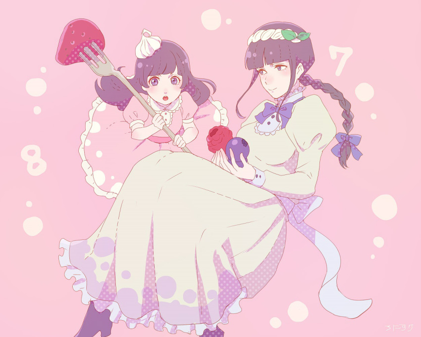 2girls, alternate_costume, black_hair, bleach, braid, dress, fork, hair_ornament