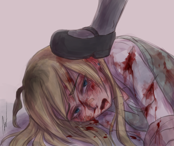 1girl, ahoge, aosora_(mizore), bandaid, black_footwear, blonde_hair, blood, blood_on_face, bloody_clothes, blouse, blue_eyes, foot_on_head, long_hair, open_mouth, original, solo, stepped_on, sweater_vest, white_blouse, white_legwear