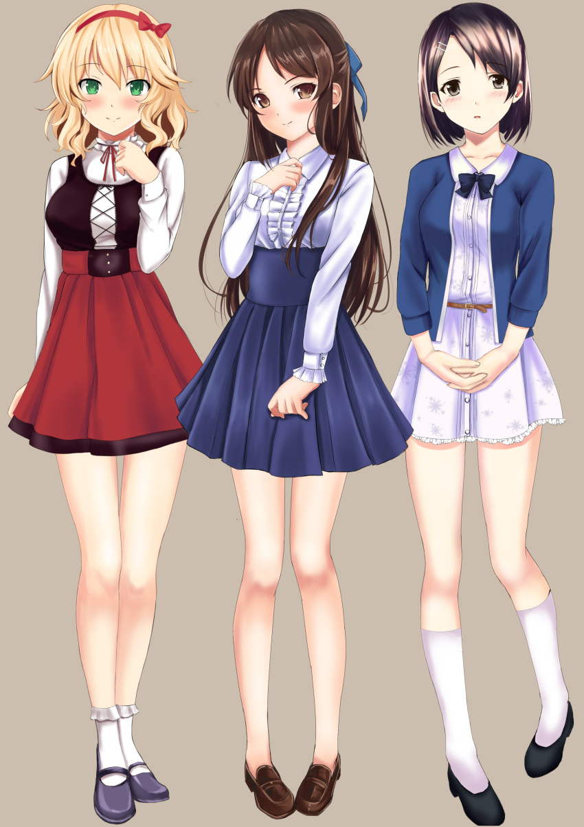 3girls, absurdres, bangs, bare_legs, belt, black_footwear, black_hair, blonde_hair