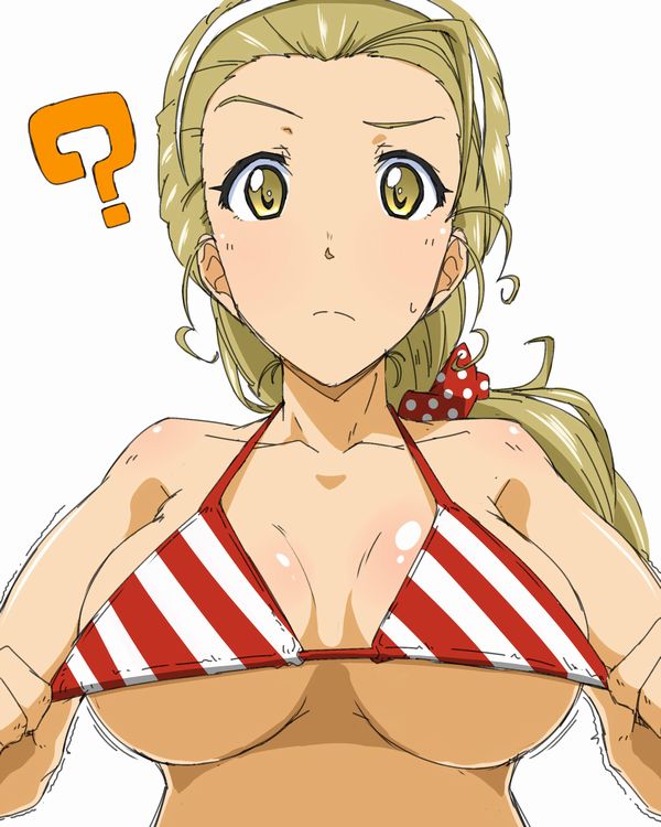 1girl, ?, bikini, blonde_hair, breasts, closed_mouth, collarbone, diagonal-striped_bikini
