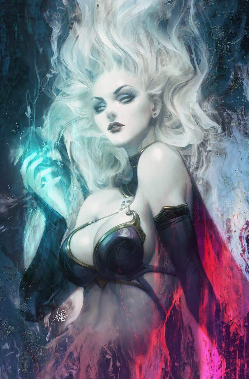 1girl, bare_shoulders, bikini, bikini_top, blank_eyes, breasts, chaos!_comics, cleavage, collar, commentary, demon, detached_sleeves, earrings, english_commentary, highres, jewelry, lady_death, large_breasts, long_hair, pale_skin, parted_lips, sideboob, signature, skull, solo, stanley_lau, swimsuit, undead, white_hair, white_skin