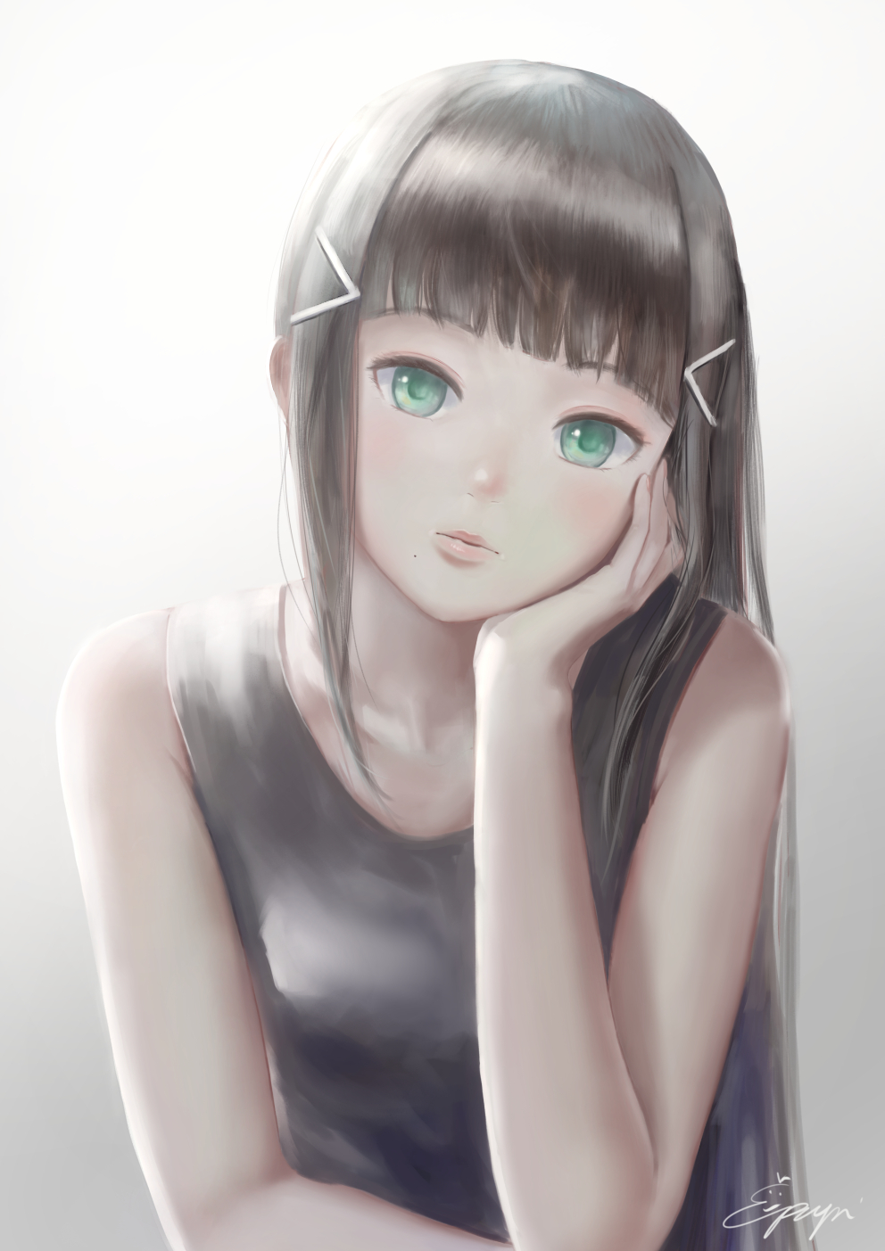 1girl, arm_support, bangs, black_tank_top, brown_hair, closed_mouth, commentary, gradient