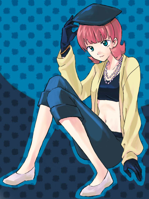 capri_pants, gloves, green_eyes, gundam, hat, jacket, jewelry, midriff