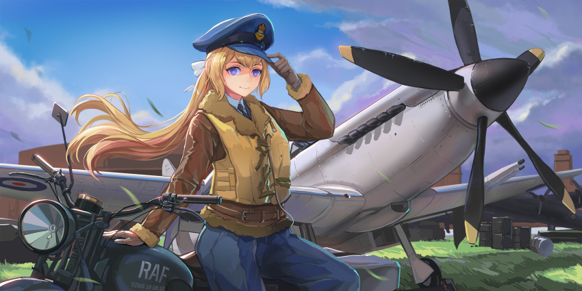 1girl, adjusting_clothes, adjusting_hat, aircraft, blonde_hair, bomber_jacket, chinese_commentary, commentary_request