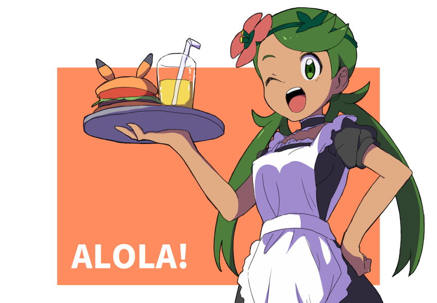 1girl, ;d, apron, bangs, bendy_straw, black_dress, blush, breasts