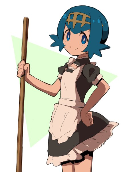 1girl, alternate_costume, apron, bangs, black_dress, blue_eyes, blue_hair, blush, closed_mouth, creatures_(company), dress, enmaided, frilled_dress, frills, game_freak, hair_between_eyes, hand_on_hip, holding, looking_at_viewer, looking_to_the_side, maid, maid_apron, natsunagi_takaki, nintendo, pokemon, pokemon_(game), pokemon_sm, puffy_short_sleeves, puffy_sleeves, short_hair, short_sleeves, smile, solo, standing, suiren_(pokemon), white_apron