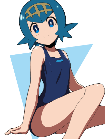 1girl, arm_support, bangs, bare_arms, bare_shoulders, blue_eyes, blue_hair, blue_swimsuit