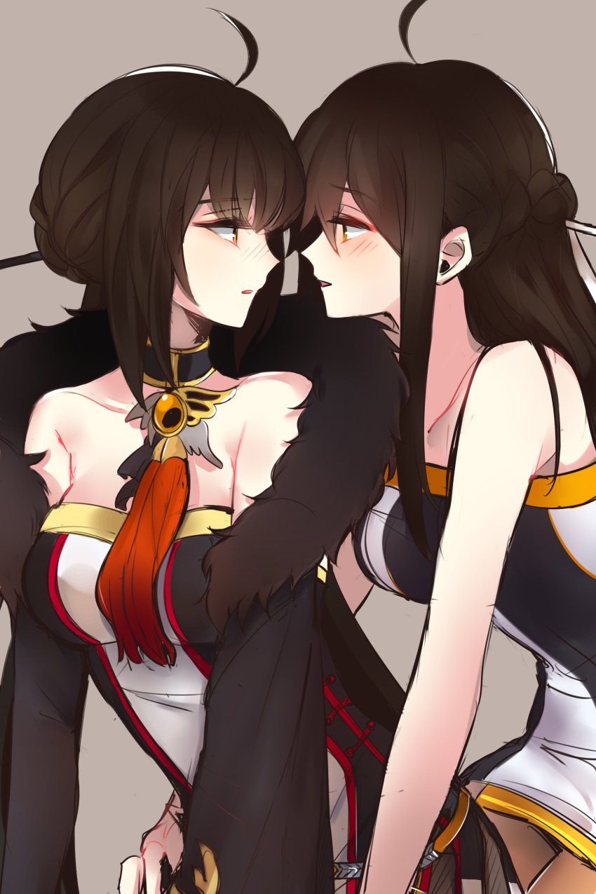 2girls, absurdres, ahoge, ara_han, bare_shoulders, black_gloves, black_hair, blush, brooch, brown_background, choker, dual_persona, elbow_gloves, elsword, face-to-face, gloves, hair_ornament, hair_stick, highres, imminent_kiss, jewelry, lifeaini, long_hair, looking_at_another, multiple_girls, open_mouth, sakra_devanam_(elsword), selfcest, upper_body, yama_raja_(elsword), yellow_eyes, yuri