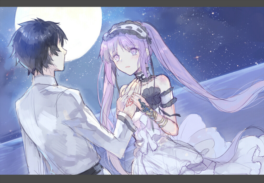 1boy, 1girl, bare_shoulders, black_hair, black_outline, black_ribbon, board_game, branded