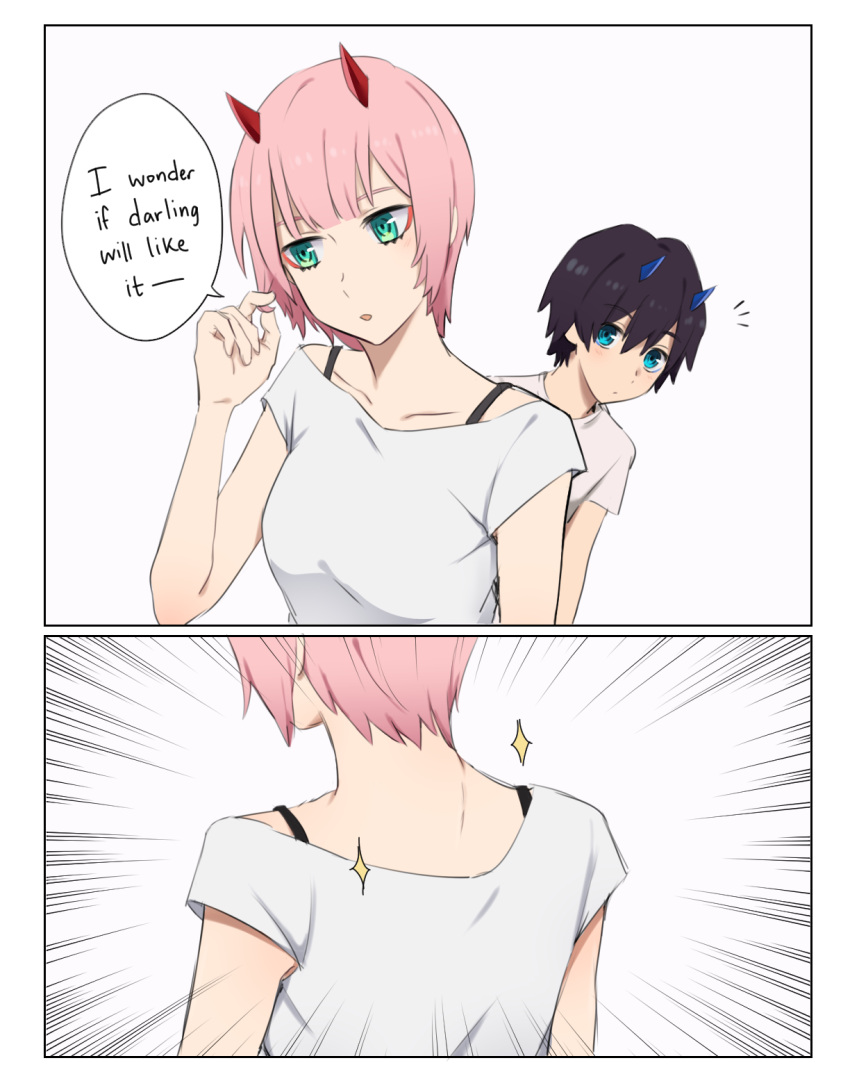 1boy, 1girl, bangs, beige_shirt, black_hair, blue_eyes, blue_horns, bra_strap
