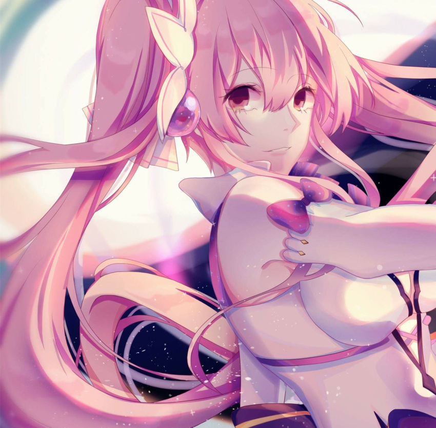 1girl, aisha_(elsword), bow, breasts, brown_eyes, character_request, cleavage, detached_sleeves