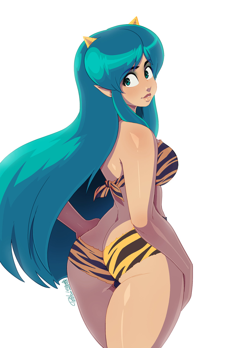 1girl, alien, animal_print, aqua_eyes, aqua_hair, ass, bikini, breasts