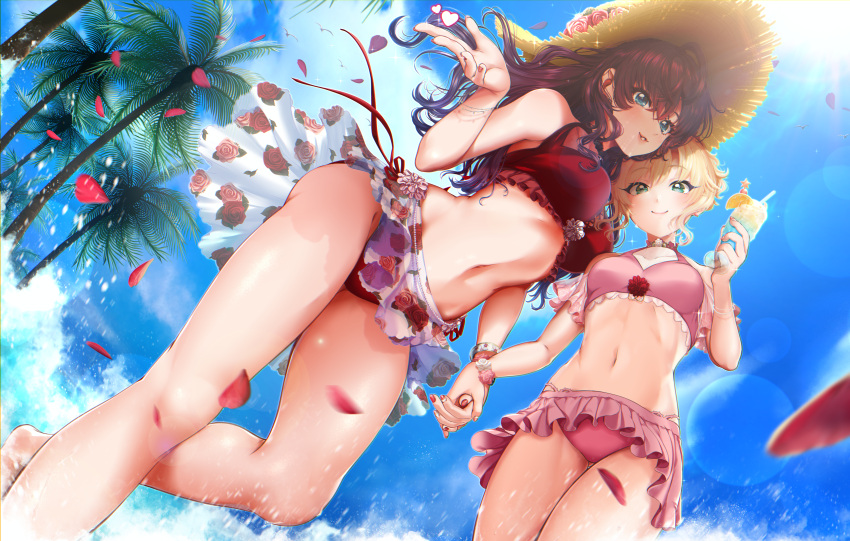 2girls, absurdres, akapii_(jun_0512), bangs, bikini, bikini_skirt, blonde_hair, blue_eyes