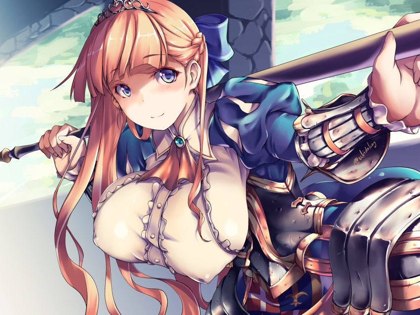 1girl, armor, artist_name, blonde_hair, blue_eyes, blue_ribbon, blurry, blurry_background