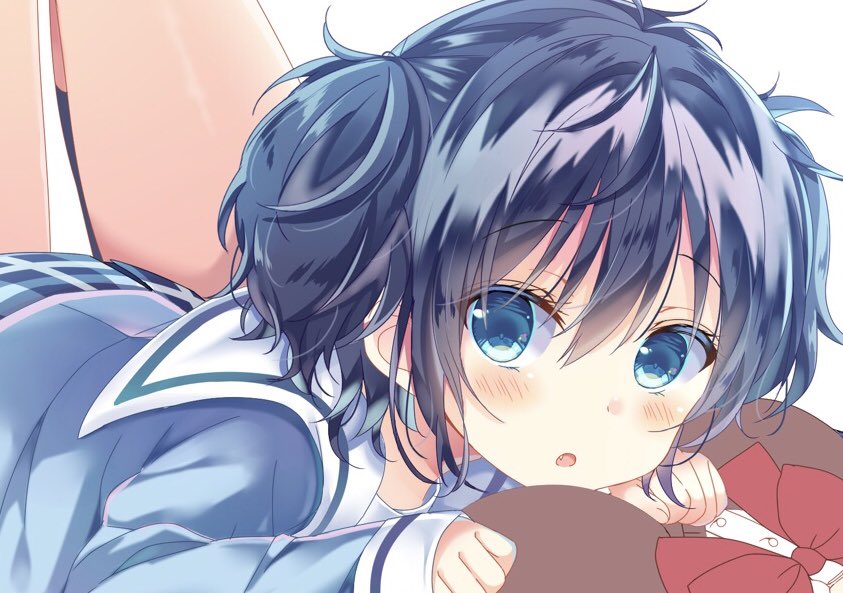 1girl, blue_eyes, blue_hair, blue_skirt, eyebrows_visible_through_hair, happy_sugar_life, koube_shio, looking_at_viewer