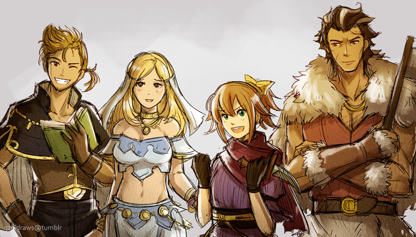 2boys, 2girls, alfyn_(octopath_traveler), alternate_costume, blonde_hair, blush, bracelet, brown_hair