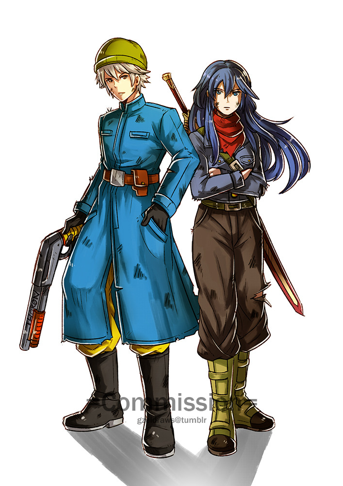 1boy, 1girl, blue_eyes, blue_hair, blush, boots, cape, cosplay