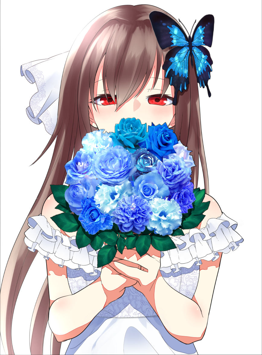 1girl, alternate_costume, bare_shoulders, bouquet, brown_hair, butterfly_hair_ornament, dress, flower