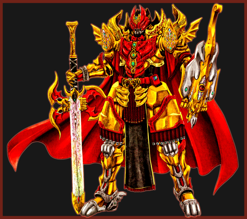 1boy, arm_guards, armor, armored_boots, armored_dress, belt, black_bodysuit, bodysuit, boots, breastplate, cape, epic, full_armor, full_body, gauntlets, gold_armor, helmet, highres, holding, holding_sword, holding_weapon, kamen_rider, kamen_rider_kiva, kamen_rider_kiva_(series), ledjoker07, male_focus, red_cape, rider_belt, shoulder_armor, solo, standing, sword, tagme, weapon