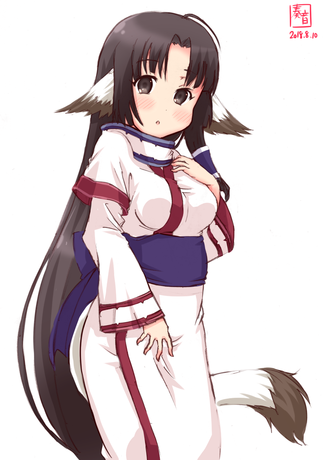 1girl, ahoge, ainu_clothes, animal_ears, artist_logo, black_hair, brown_eyes, commentary_request