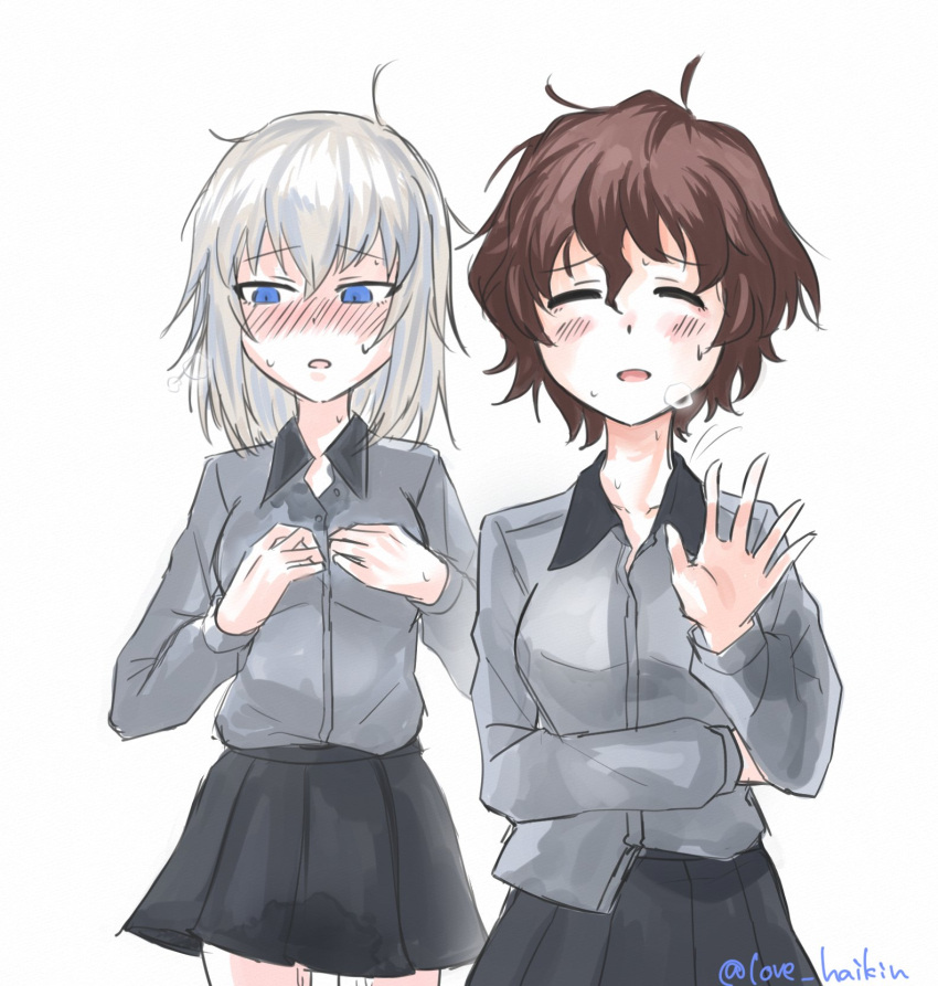 2girls, akaboshi_koume, although_she_hurriedly_put_on_clothes, blue_eyes, brown_hair, dress_shirt, girls_und_panzer, grey_shirt