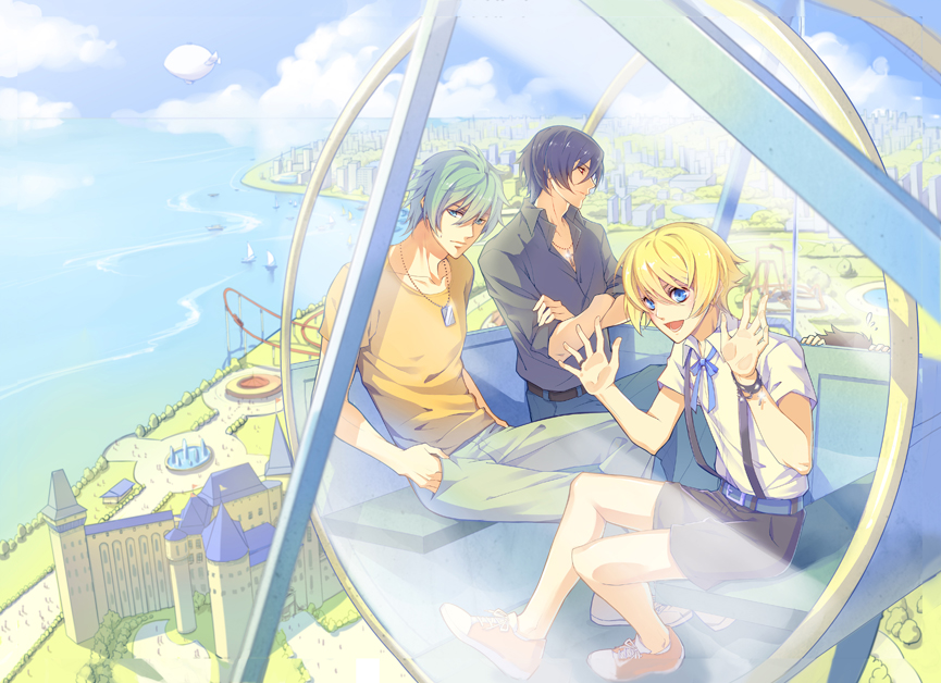 4boys, akira_(togainu_no_chi), aqua_hair, blonde_hair, blue_eyes, blue_hair, brown_hair, dog_tags