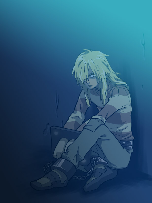 blonde_hair, cuffs, long_hair, male, prison, rintarou, sitting, tengen_toppa_gurren_lagann