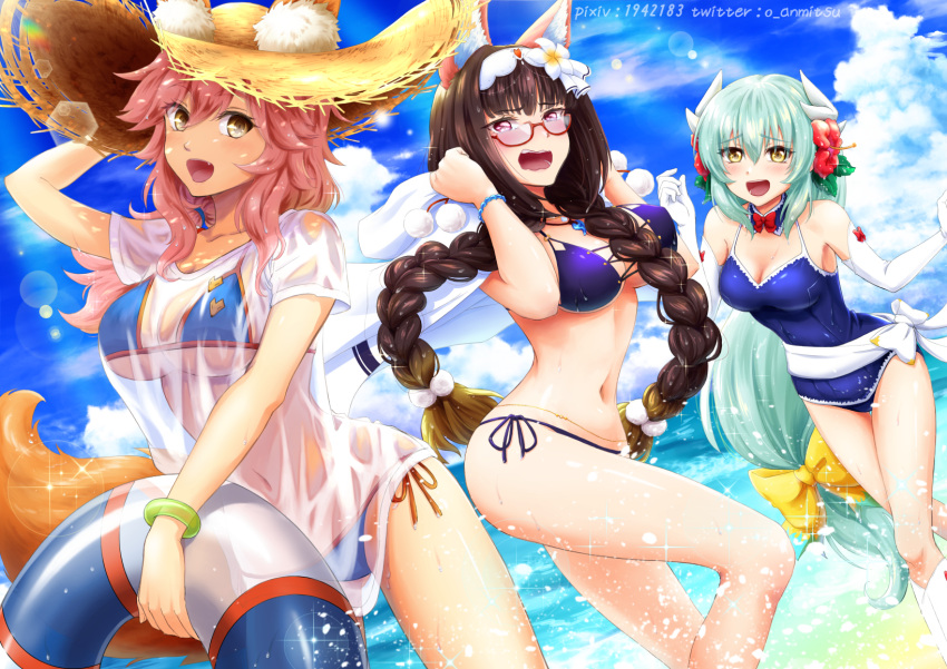 3girls, animal_ear_fluff, animal_ears, anmitsu_maru, aqua_hair, bikini, bikini_under_clothes, black_hair