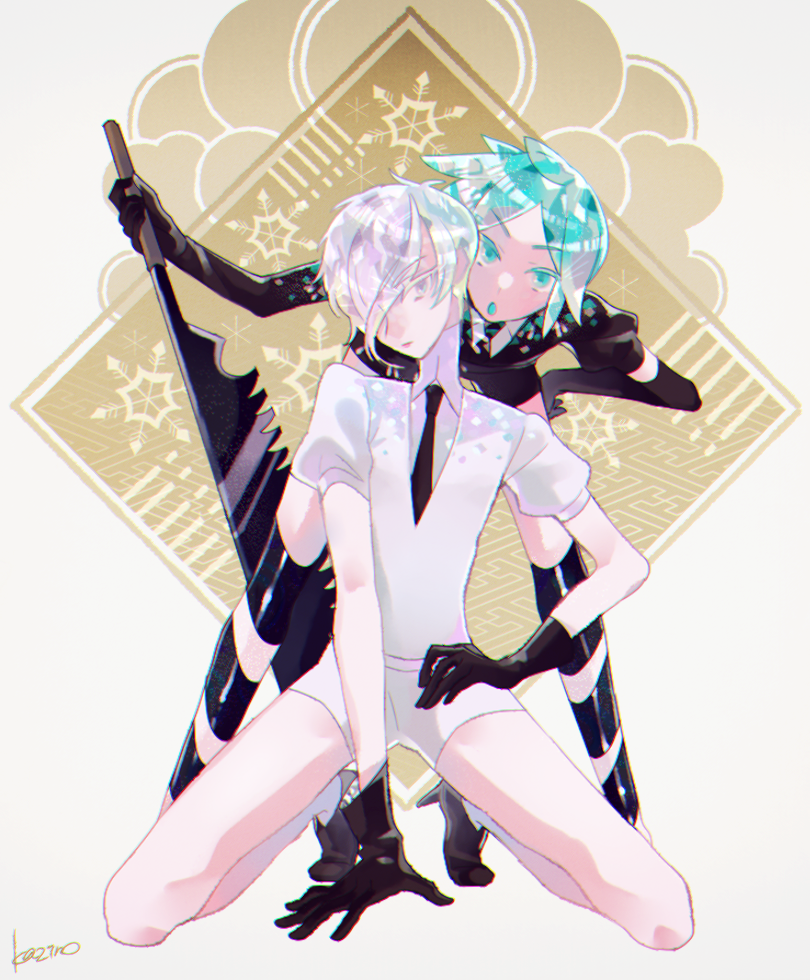 2others, androgynous, antarcticite, aqua_eyes, aqua_hair, colored_eyelashes, crystal_hair, elbow_gloves