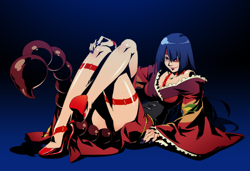 blue_hair, corset, dress, eyepatch, frills, high_heels, kimono_dress, legs
