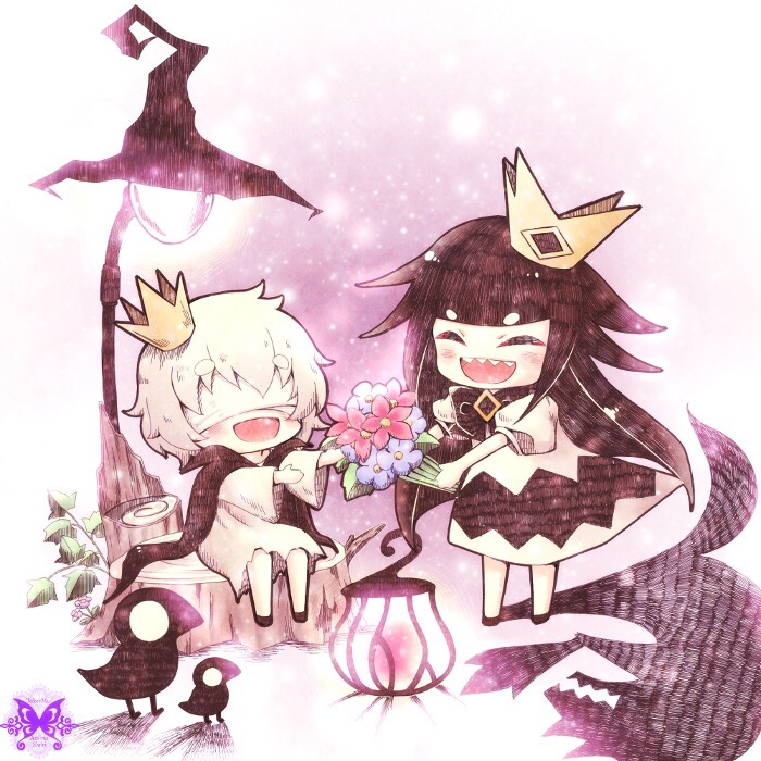 1boy, 1girl, :d, bird, black_hair, blind, blindfold, bouquet, character_request, cloak, crown, different_shadow, dress, eyebrows_visible_through_hair, flower, lamppost, lantern, open_mouth, ribbon, sharp_teeth, shion-1115, sitting_on_tree_stump, smile, teeth, torn_clothes, tree_stump, usotsuki_hime_to_moumoku_ouji, white_hair