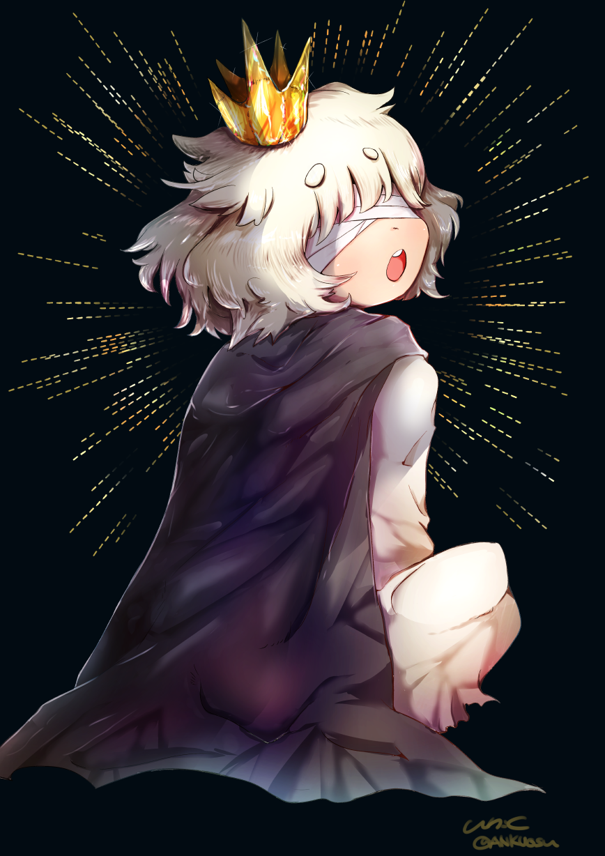 1boy, :o, black_background, blind, blindfold, crown, eyebrows_visible_through_hair, highres