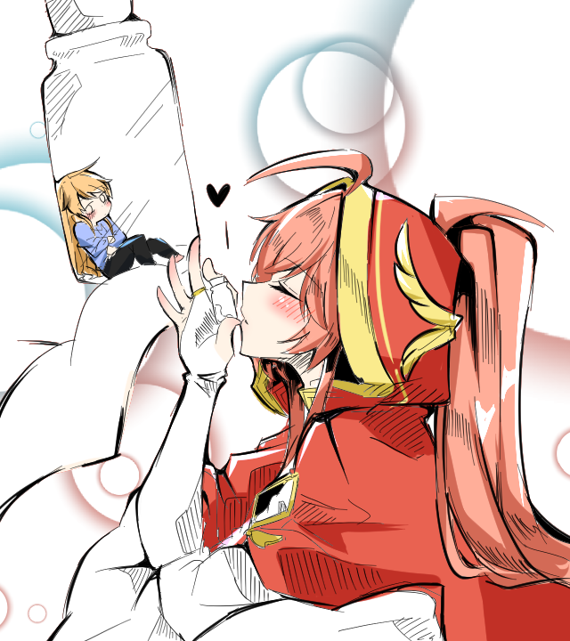 1boy, 1girl, ahoge, blush, bottle, chung_seiker, elsword, heart