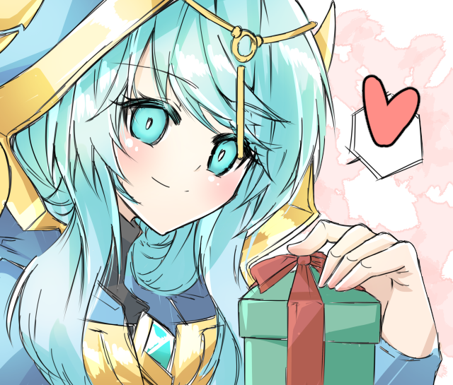1girl, aqua_eyes, aqua_hair, box, closed_mouth, elsword, gem, gift