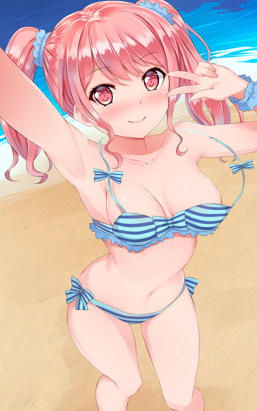 1girl, arm_up, armpits, bang_dream!, bangs, beach, bikini, blue_bikini, blue_scrunchie, blush, breasts, cleavage, collarbone, commentary_request, eyebrows_visible_through_hair, hair_ornament, hair_scrunchie, halterneck, highres, looking_at_viewer, maruyama_aya, medium_breasts, midriff, naitou_kirara, navel, outdoors, sand, scrunchie, self_shot, side-tie_bikini, sidelocks, solo, standing, striped, striped_bikini, swimsuit, twintails, w, wardrobe_malfunction, wrist_scrunchie
