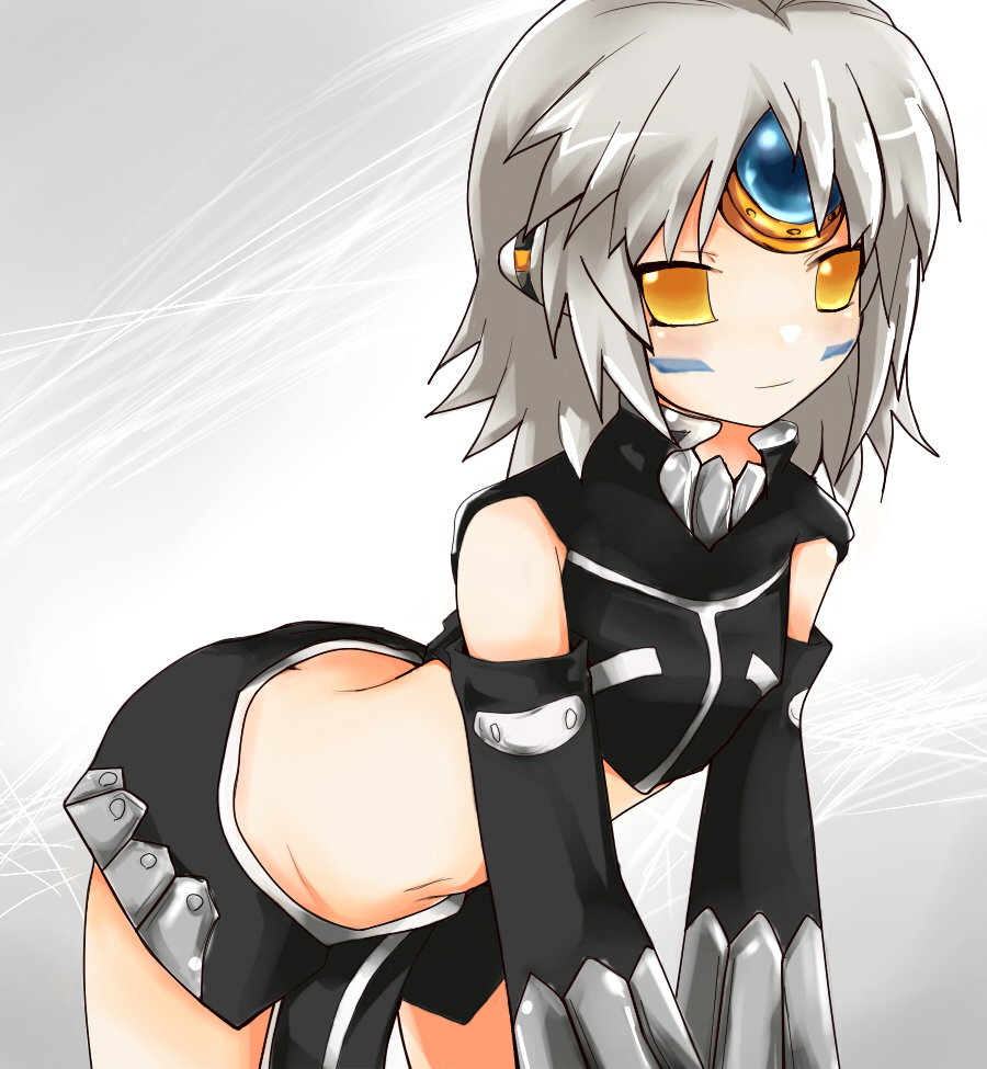 1girl, bent_over, blush, closed_mouth, detached_sleeves, elsword, eve_(elsword), facial_mark, forehead_jewel, morumoru00, short_hair, silver_hair, simple_background, smile, yellow_eyes