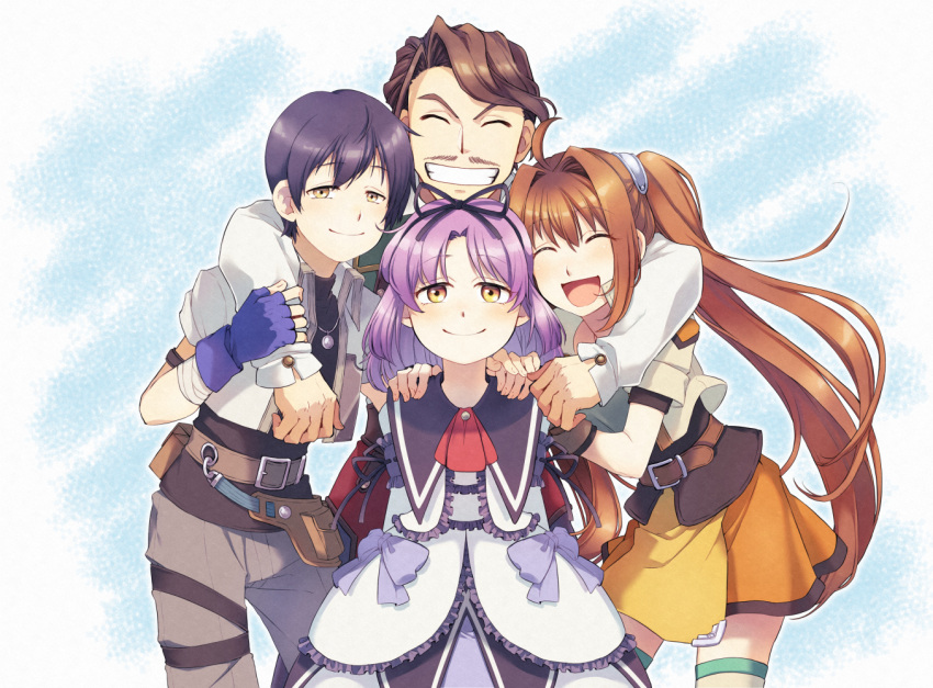 2boys, 2girls, ahoge, arm_around_shoulder, arms_behind_back, ascot, bangs, belt