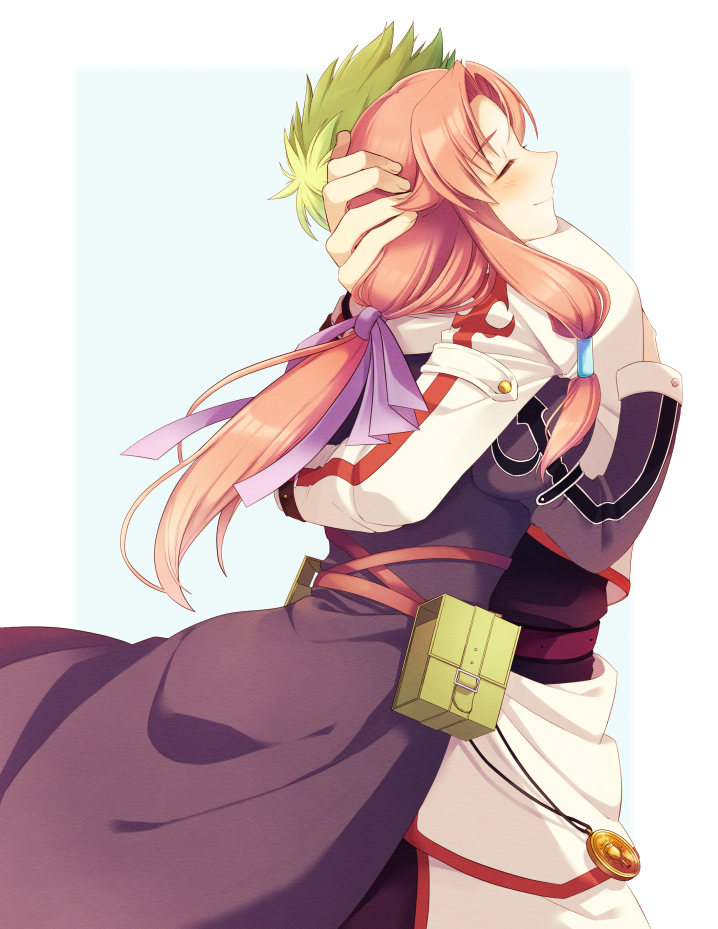 1boy, 1girl, arm_around_back, bag, blue_background, blush, closed_eyes, cowboy_shot