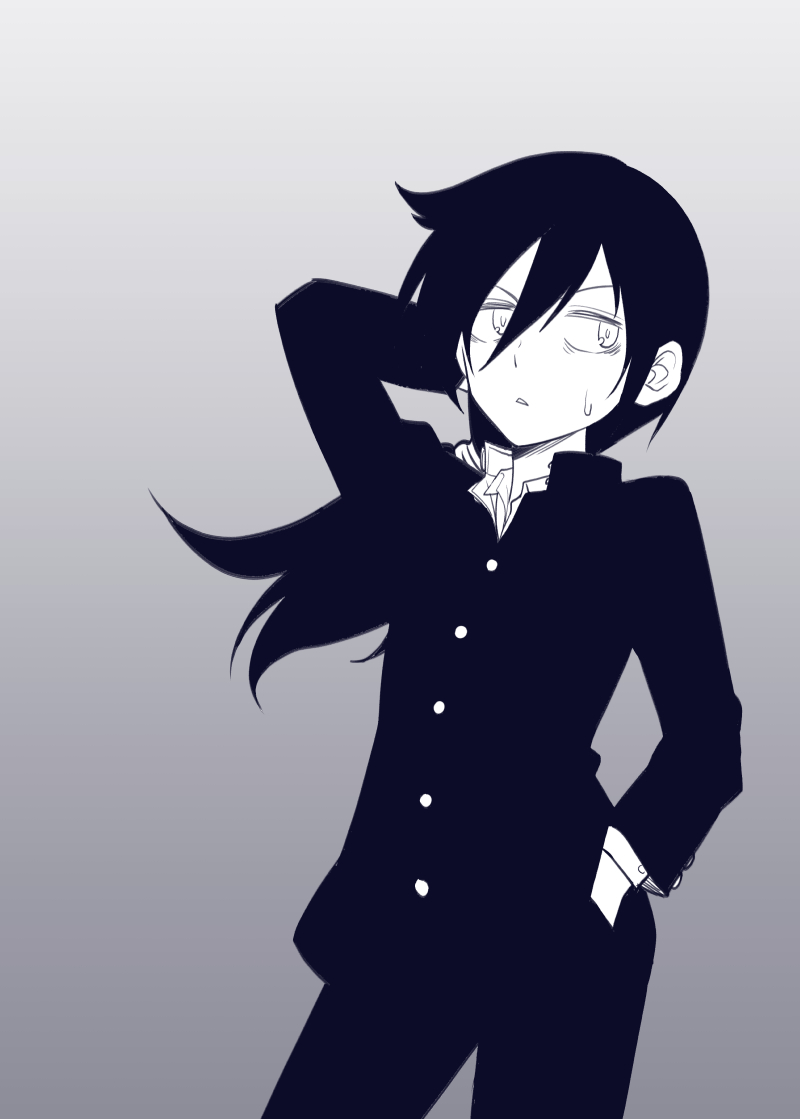 1girl, bags_under_eyes, commentary_request, crossdressinging, gakuran, gradient, gradient_background, grey_background