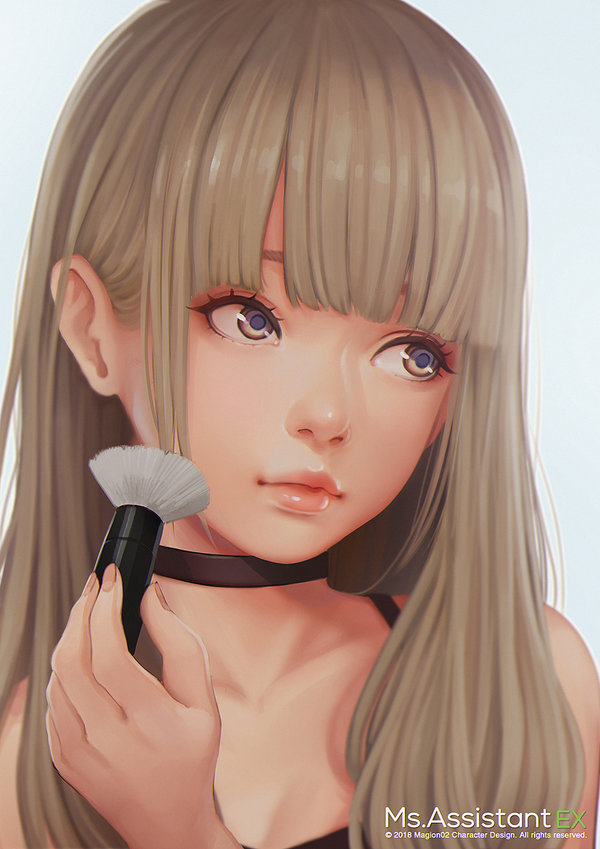 1girl, blonde_hair, brown_eyes, camisole, choker, closed_mouth, holding_brush, lips