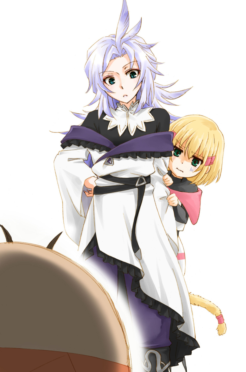 1boy, 1girl, ahoge, androgynous, blonde_hair, blue_eyes, commentary_request, feathers