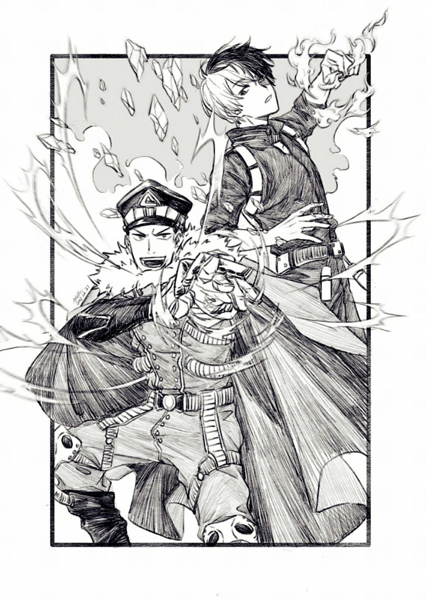 2boys, :d, belt, boku_no_hero_academia, burn_scar, cape, clenched_hand, dated