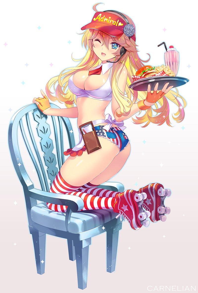 1girl, ;d, ahoge, ass, blonde_hair, blue_eyes, breasts, carnelian