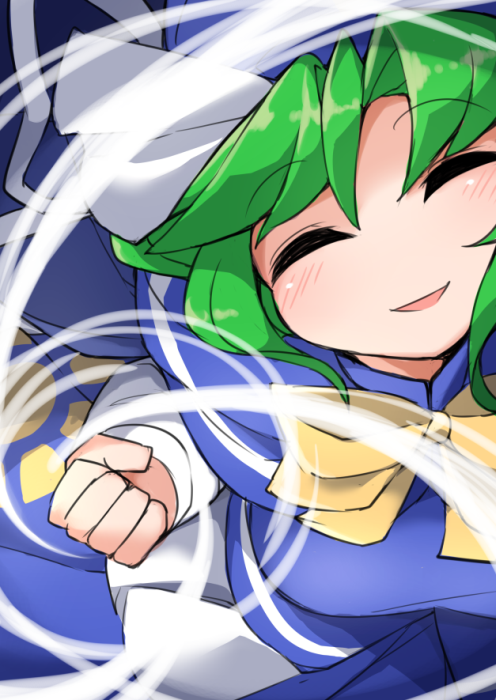 1girl, ^_^, blue_capelet, blue_shirt, blue_skirt, bow, bowtie, capelet, clenched_hand, closed_eyes, closed_eyes, eyebrows_visible_through_hair, fun_bo, green_hair, hat, head_tilt, incoming_punch, long_sleeves, medium_hair, mima, no_nose, open_mouth, shirt, skirt, skirt_set, smile, solo, touhou, touhou_(pc-98), upper_body, wizard_hat, yellow_bow, yellow_neckwear