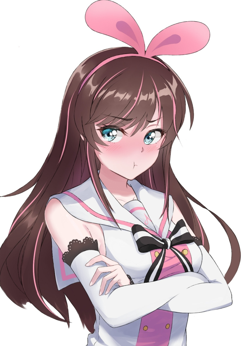 1girl, a.i._channel, bangs, blue_eyes, blush, brown_hair, crossed_arms, eyebrows_visible_through_hair