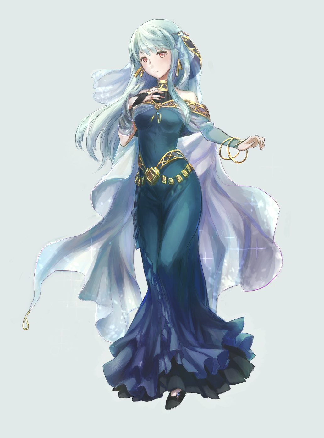 1girl, bangle, bare_shoulders, black_footwear, blue_background, blue_dress, blue_hair, blush, bouquet, bracelet, bridal_veil, bride, brown_eyes, dress, earrings, elbow_gloves, fire_emblem, fire_emblem:_rekka_no_ken, fire_emblem_heroes, flower, full_body, gloves, gold_trim, hand_up, highres, jewelry, looking_at_viewer, mamkute, necklace, ninian, simple_background, solo, strapless, strapless_dress, veil, wedding, wedding_dress, white_dress, yuhkirby