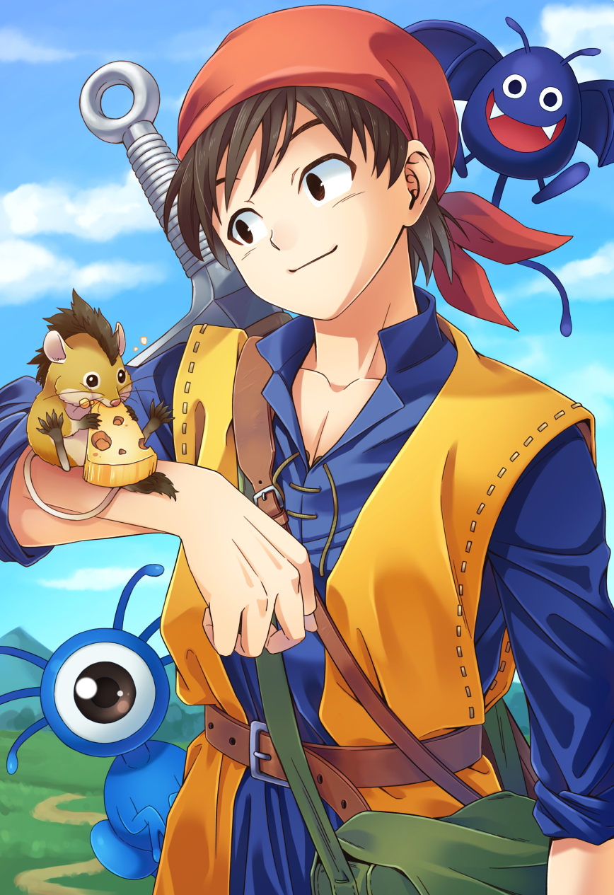 1boy, 3others, abiko_yuuji, animal_on_arm, bag, bandanna, bat, belt