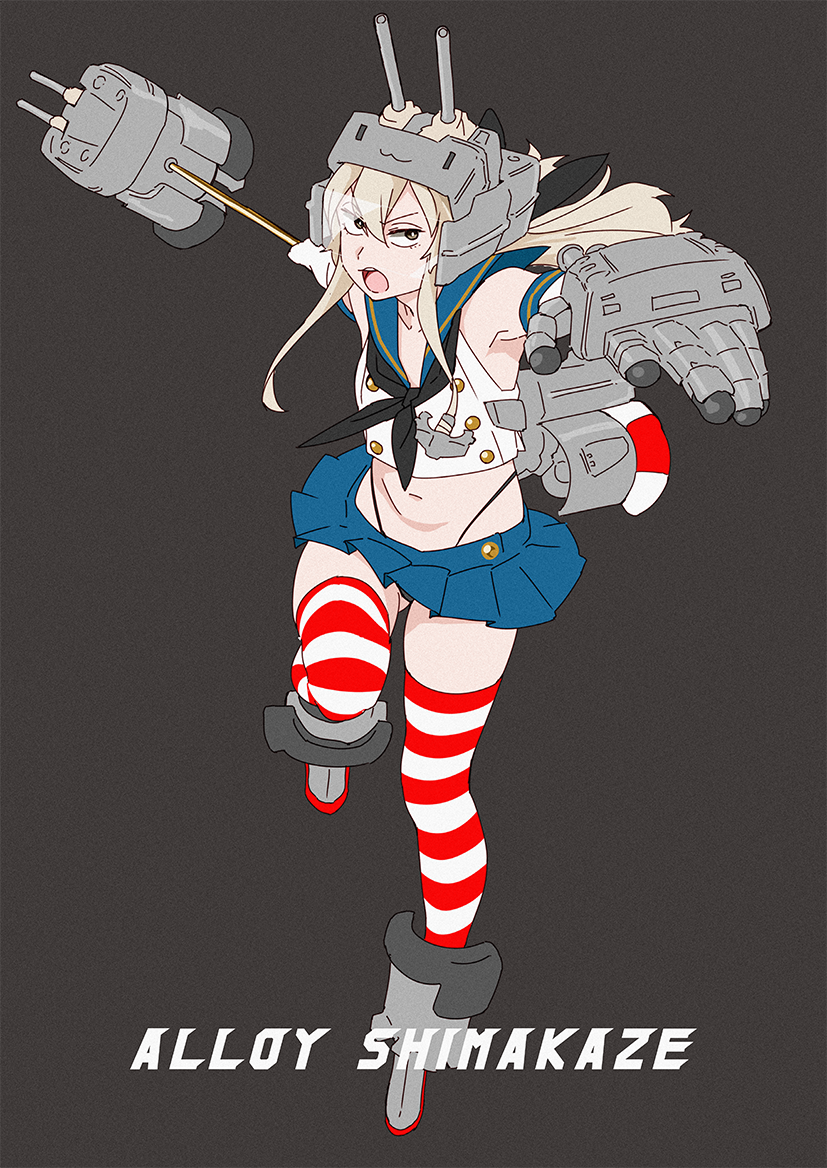 1girl, adapted_costume, anchor_hair_ornament, black_panties, blonde_hair, blue_sailor_collar, blue_skirt, character_name